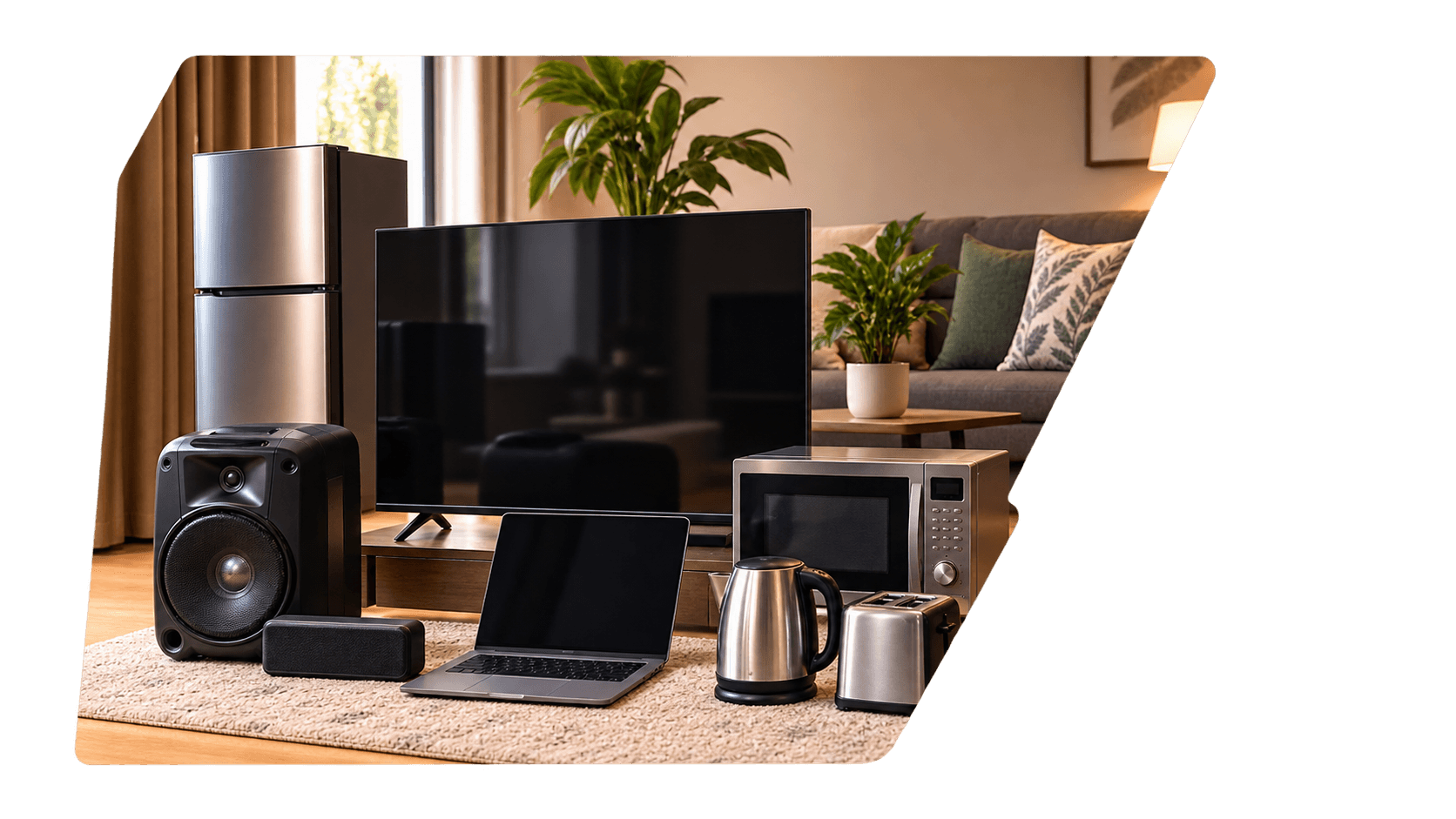 Second-hand electronics and appliances — a TV, fridge, speaker, laptop, microwave and kettle styled on a rug